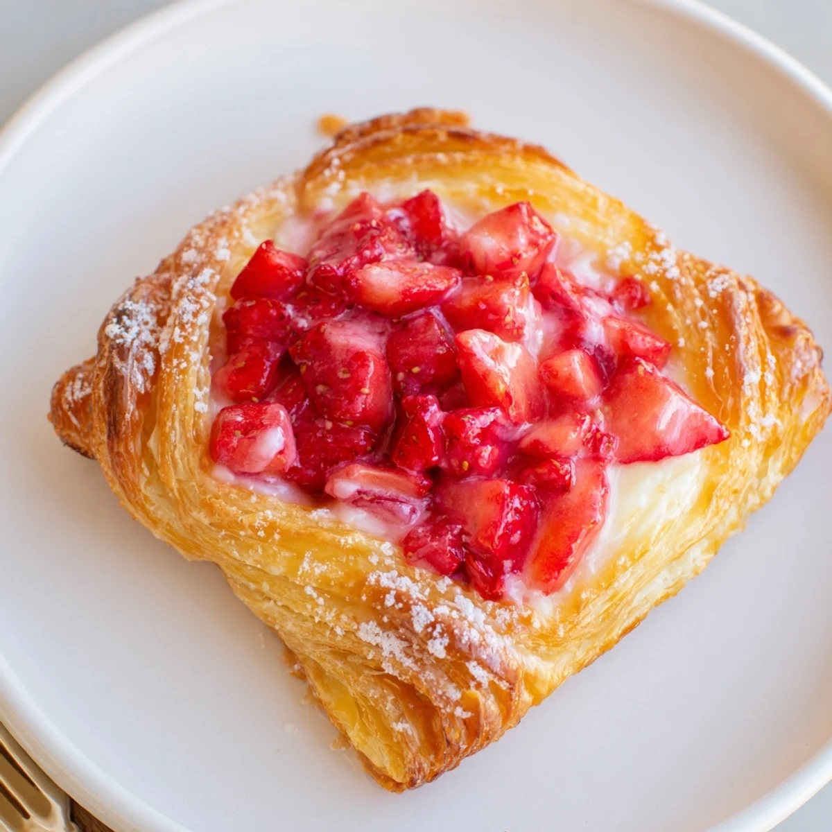Freshly baked Strawberry Danish Recipe showing puffed golden edges and juicy strawberries