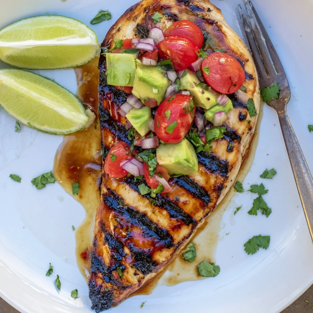 Grilled Fiesta Lime Chicken With Avocado topped with juicy tomato-avocado salsa