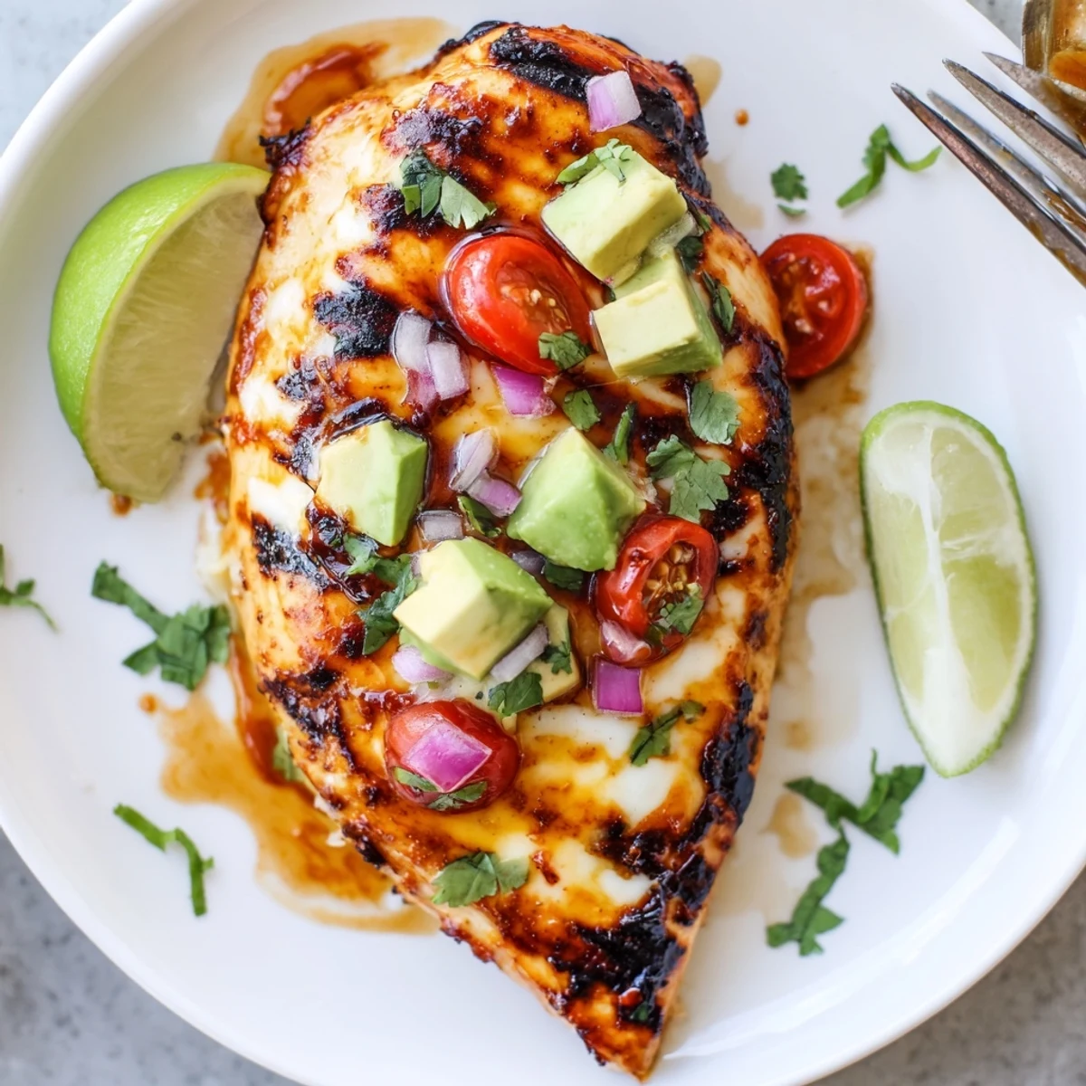 Sliced Fiesta Lime Chicken With Avocado showing charred grill marks and lime