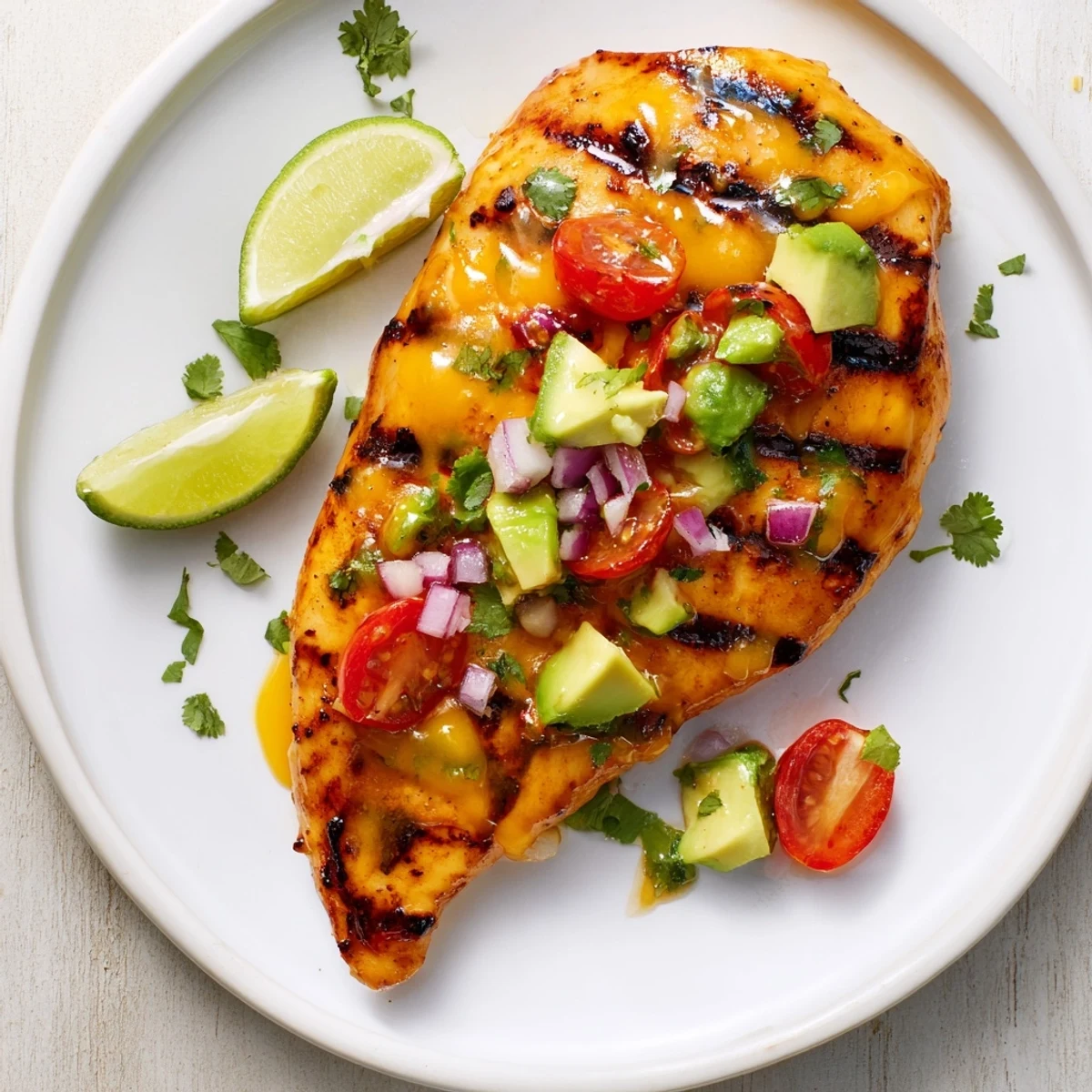 Family-style Fiesta Lime Chicken With Avocado served over cilantro rice, lime wedges