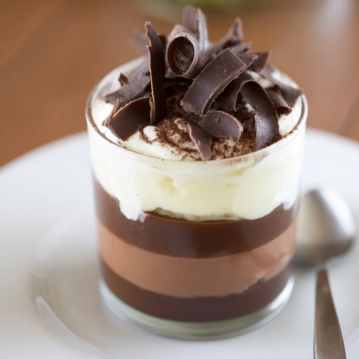 Triple Chocolate Mousse Cups layered in glass, creamy dark milk white mousses.