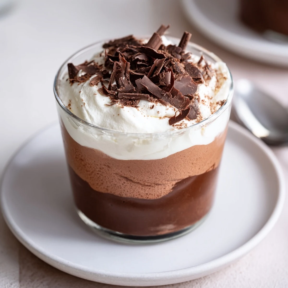 Chilled Triple Chocolate Mousse Cups topped with shaved chocolate, ready to spoon.