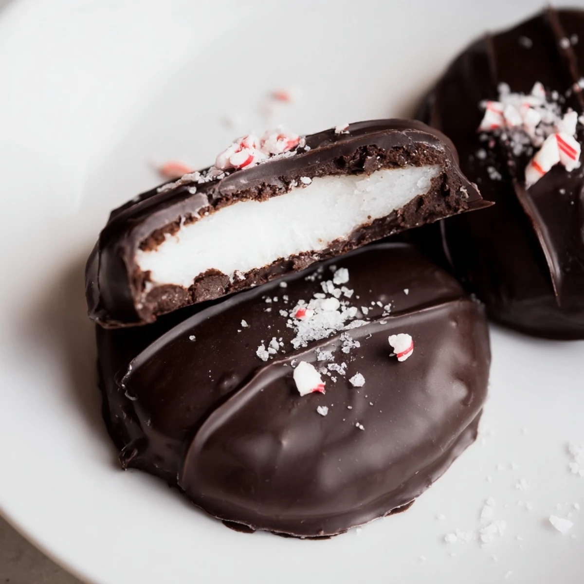 Stacked Peppermint Patties dusted with crushed peppermint candy, perfect after-dinner mint