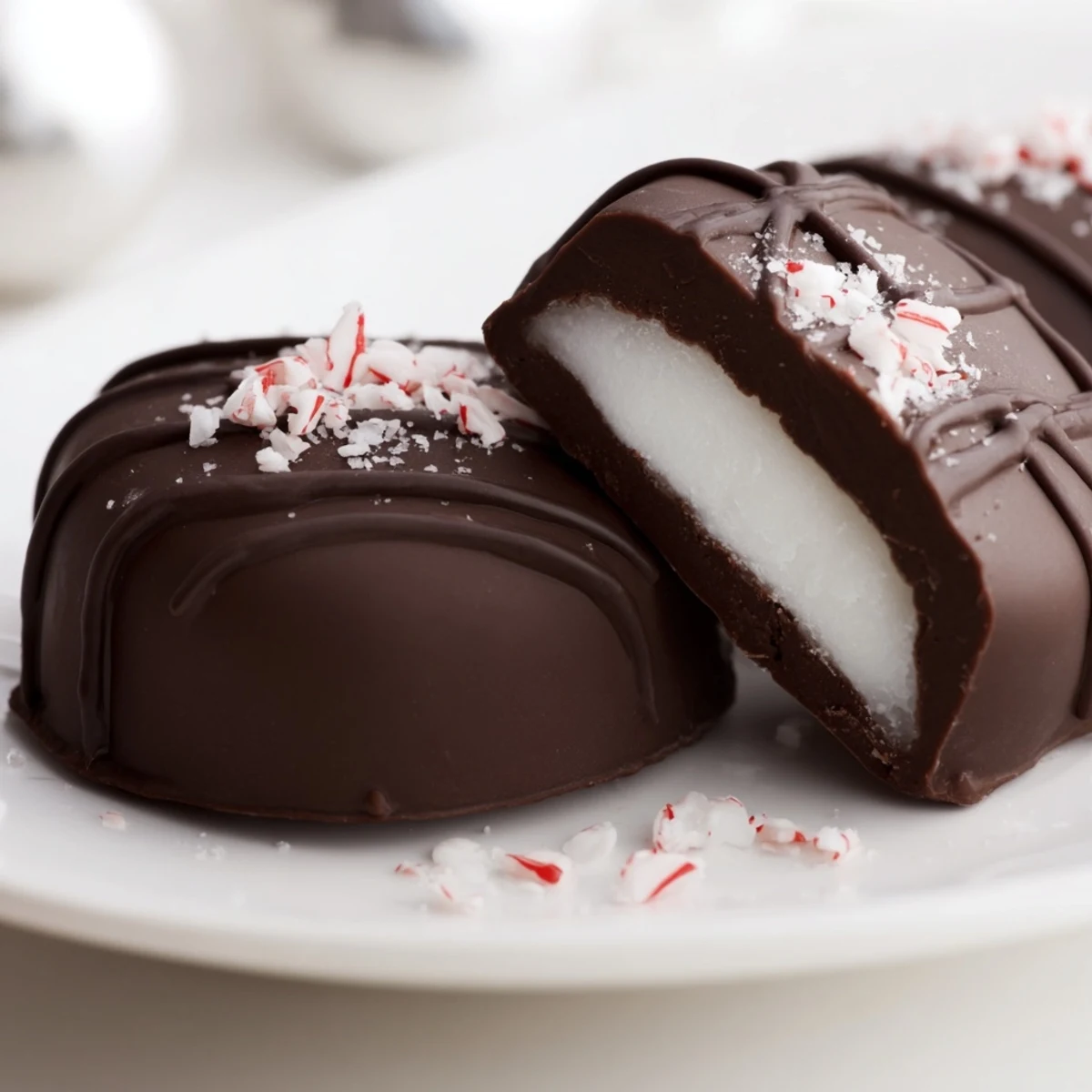 Close-up of glossy Peppermint Patties coated in dark chocolate cooling on parchment
