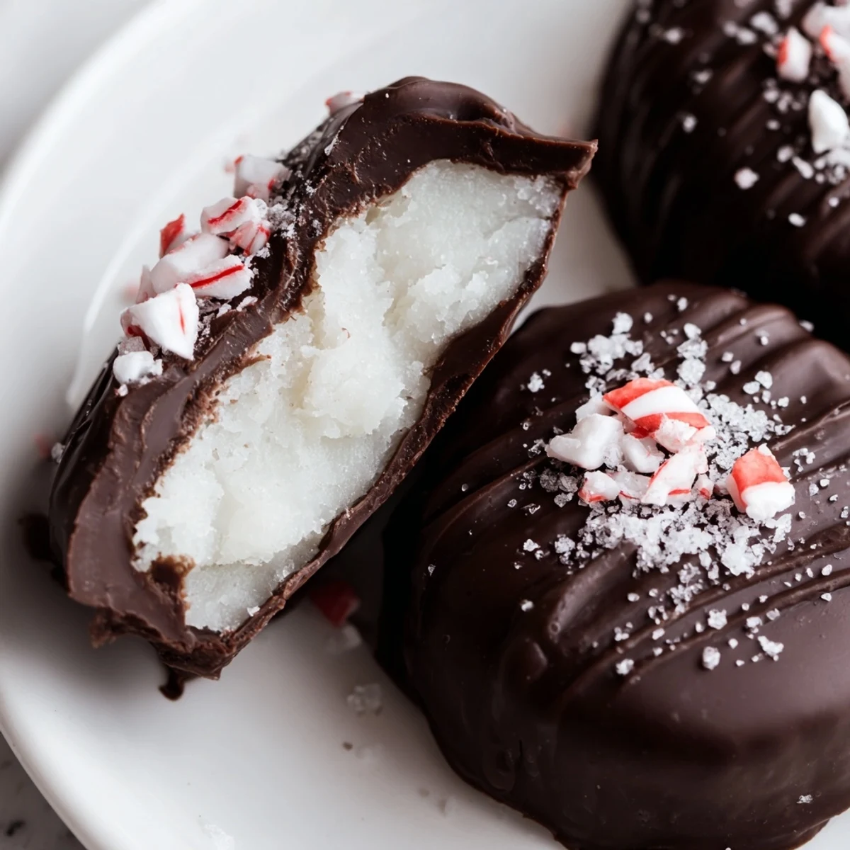 Hand holding a chilled Peppermint Patties piece, creamy mint center exposed