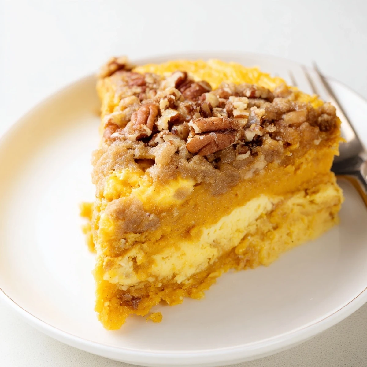 Pumpkin Dump Cake cooling in a pan, golden top and toasted pecans