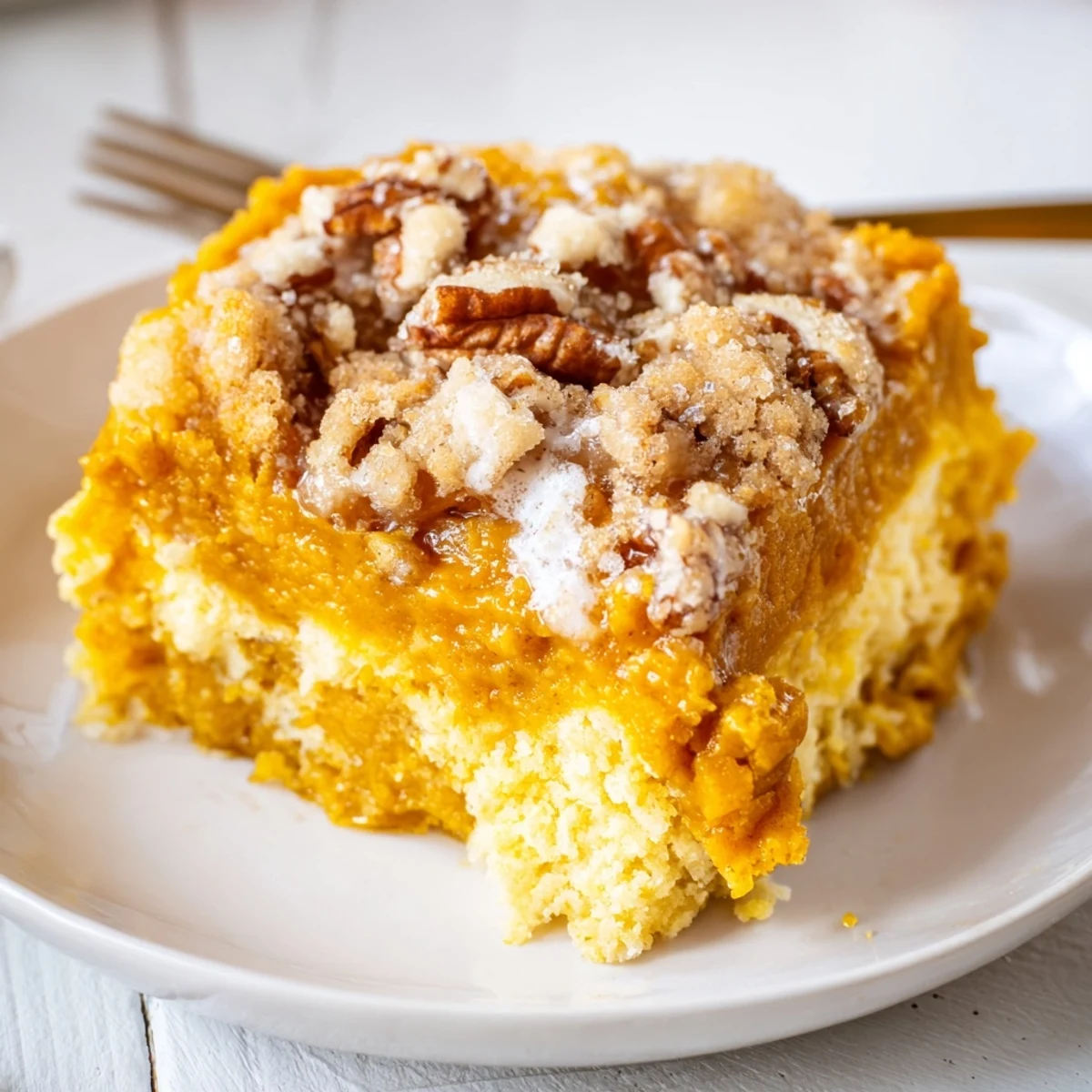 Warm Pumpkin Dump Cake served with melting vanilla ice cream and spice