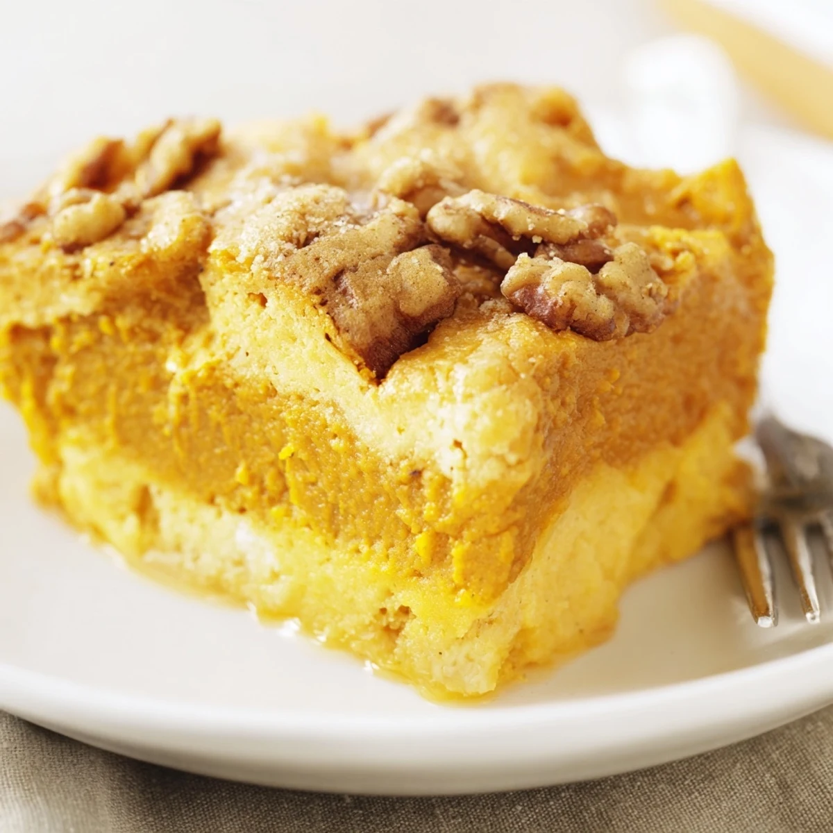 Slice of Pumpkin Dump Cake showing creamy pumpkin layer, buttery crumb, pecans