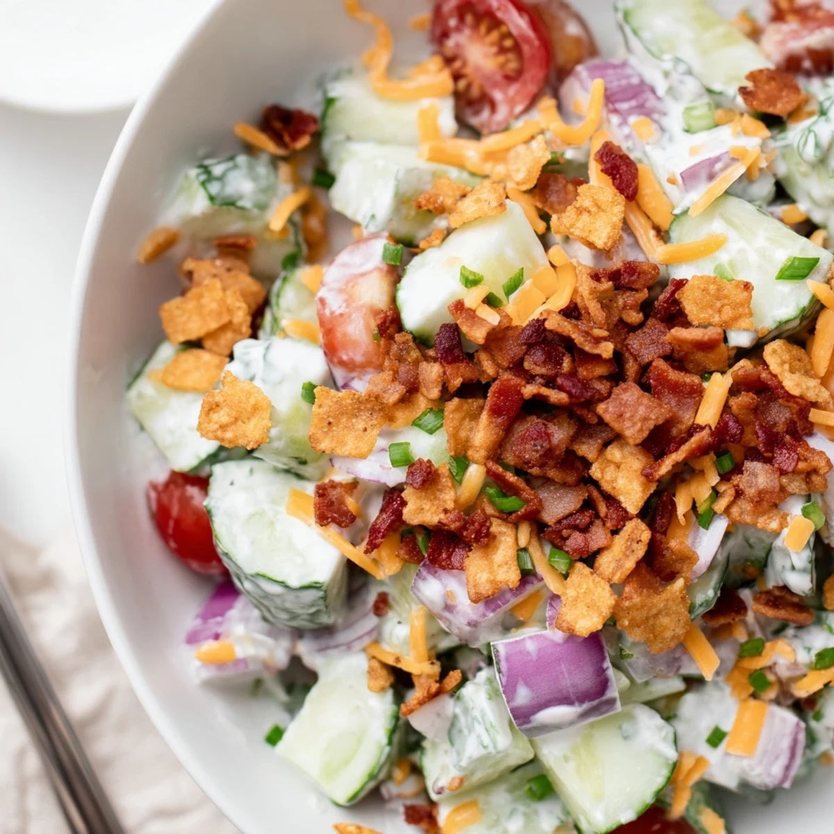 Cucumber Ranch Crack Salad piled in bowl, creamy ranch and crunchy chips  