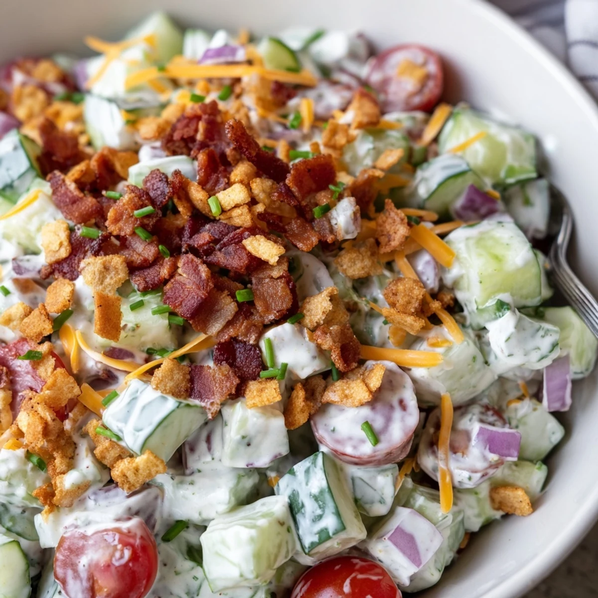 Picnic-ready Cucumber Ranch Crack Salad glistening with dressing, crisp cucumbers, crumbled bacon