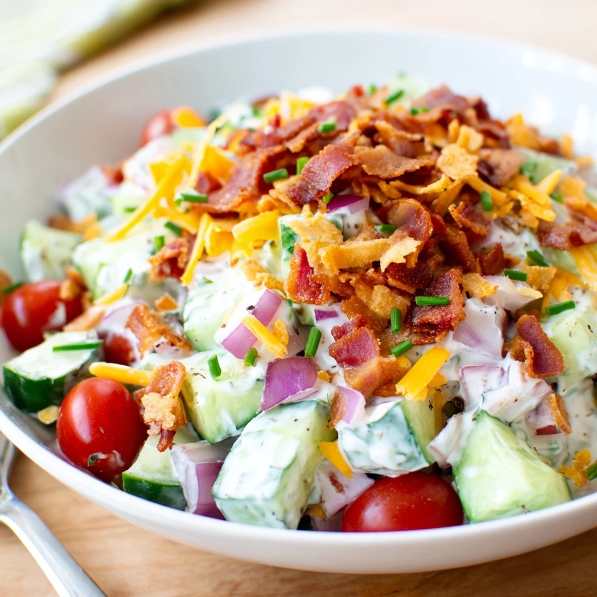 Creamy Cucumber Ranch Crack Salad with smoky bacon, cheddar, and chive garnish  
