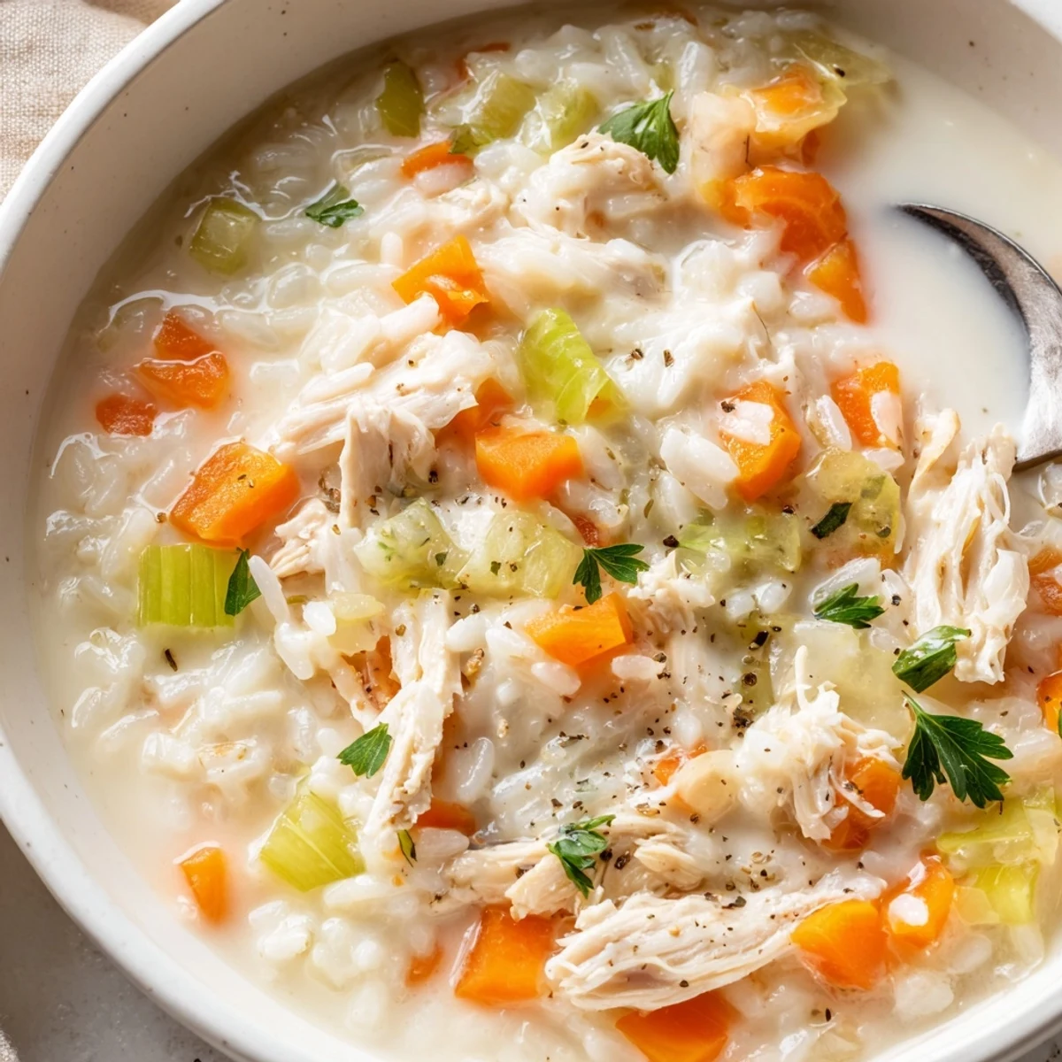 Creamy Chicken Rice Soup steaming in bowl, tender rice and silky broth  