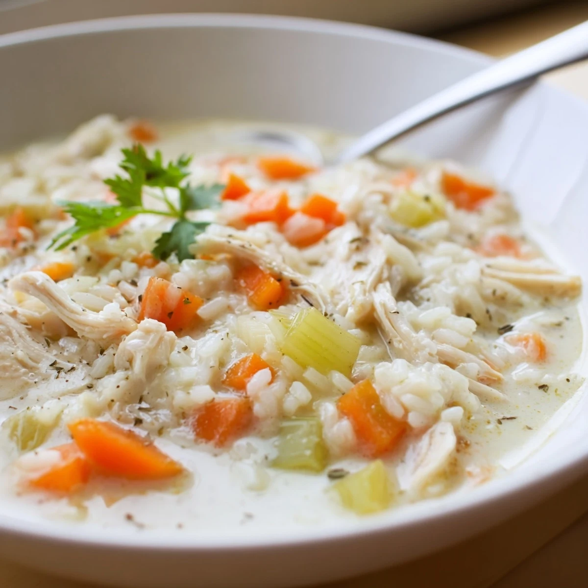 A velvety Creamy Chicken Rice Soup ladled with aromatic herbs, served with bread  