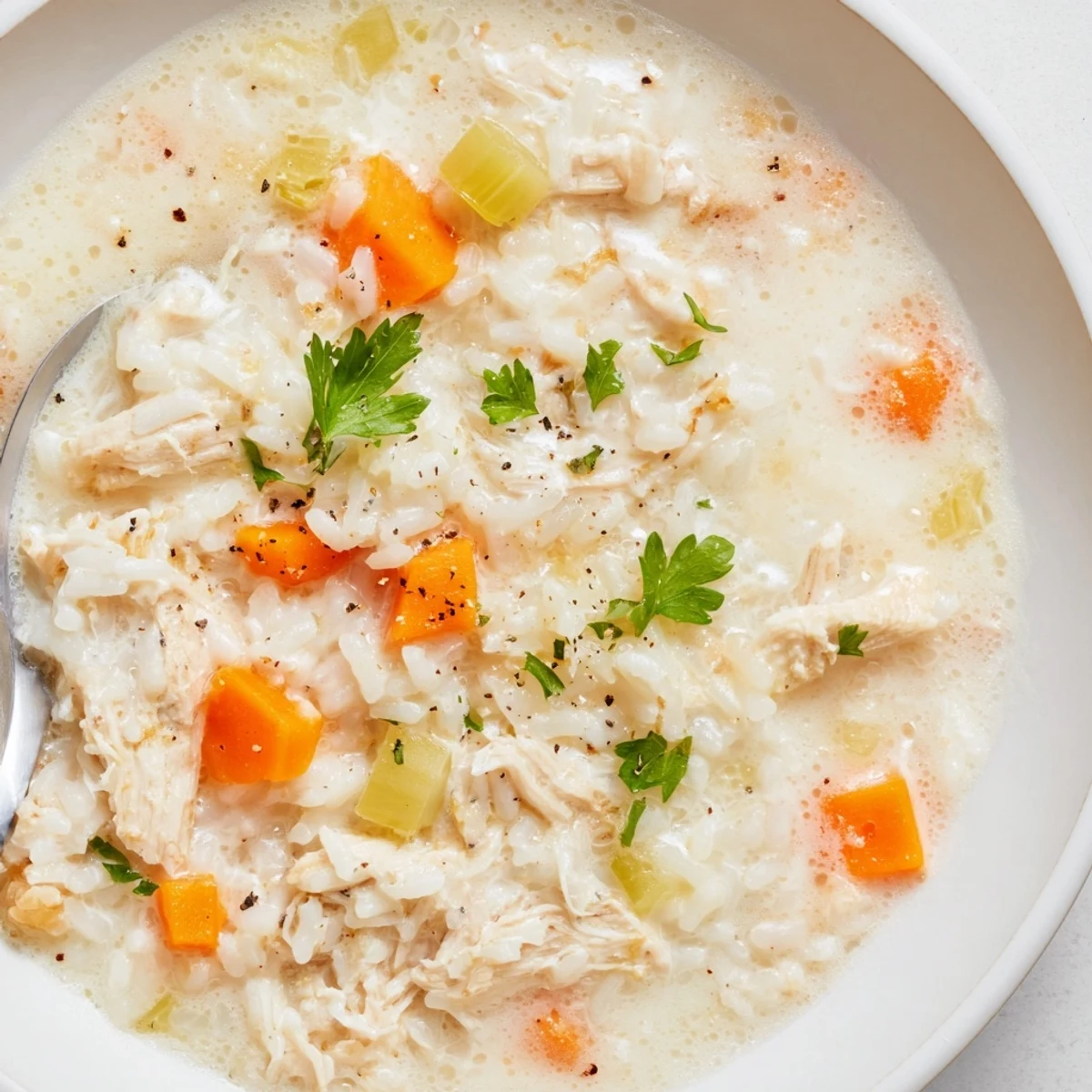 Warm Creamy Chicken Rice Soup garnished with parsley, spoon ready for tasting
