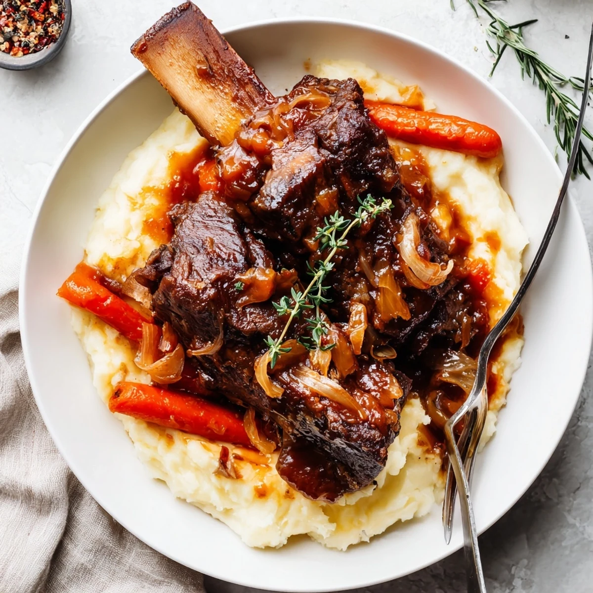 Slow Cooker Beef Short Ribs simmering in rich sauce, served over mashed potatoes