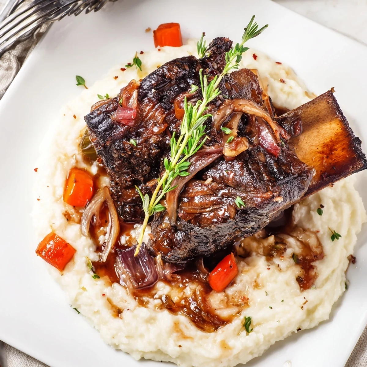 Braised Slow Cooker Beef Short Ribs glossy from red wine, perfect with polenta