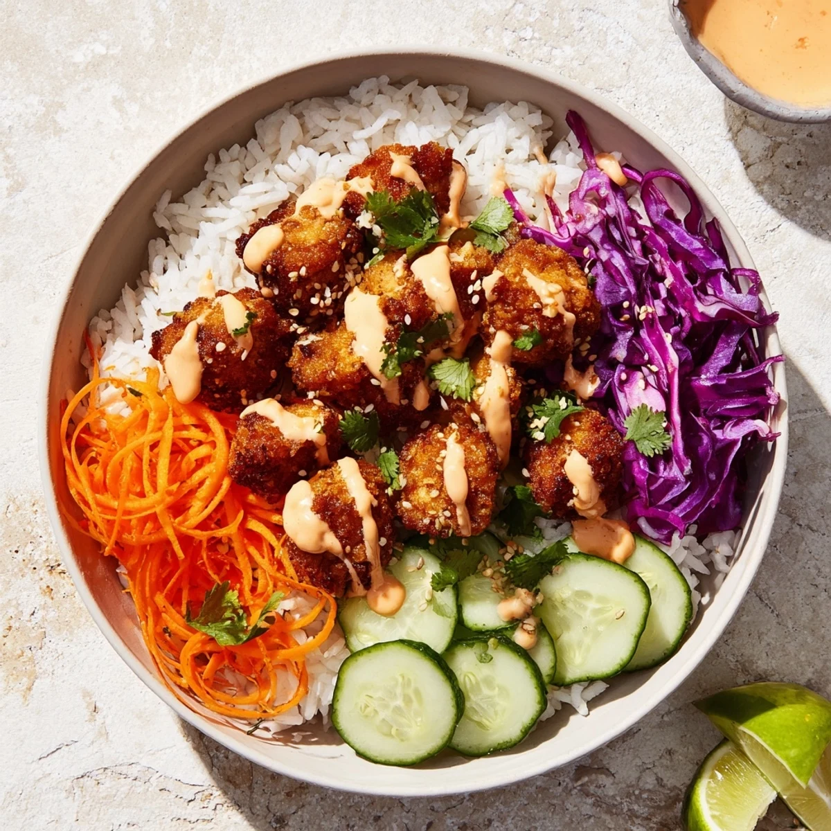 Golden crispy chicken tossed in spicy creamy sauce served over fluffy jasmine rice with fresh colorful vegetables