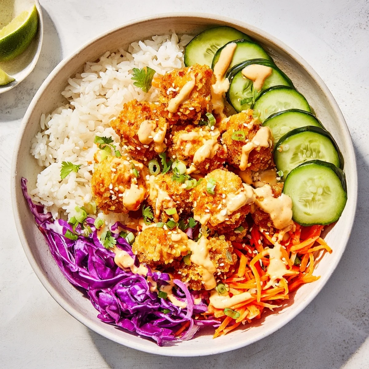 Vibrant Asian-American bang bang chicken bowl featuring crunchy toppings zesty lime wedges and rich drizzled sauce
