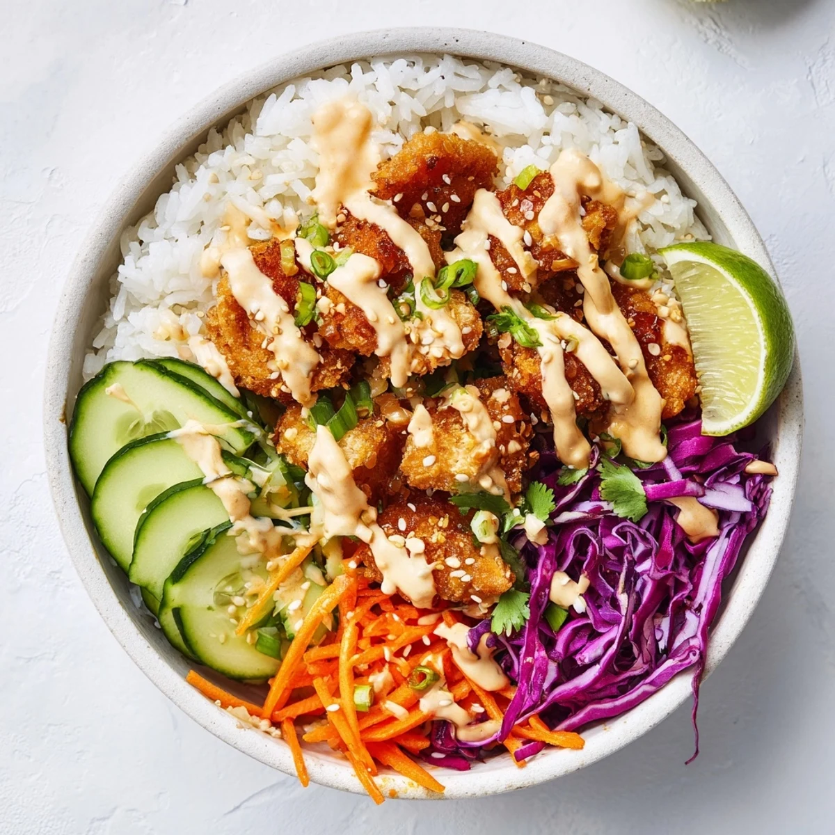 Homemade bang bang chicken bowl recipe with fried cornstarch-coated meat purple cabbage carrots cucumber and sesame seeds