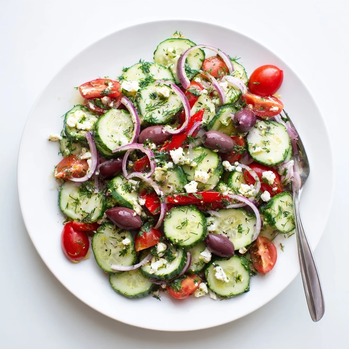 Fresh Mediterranean cucumber salad bowl with crisp vegetables, feta cheese, and olive oil dressing