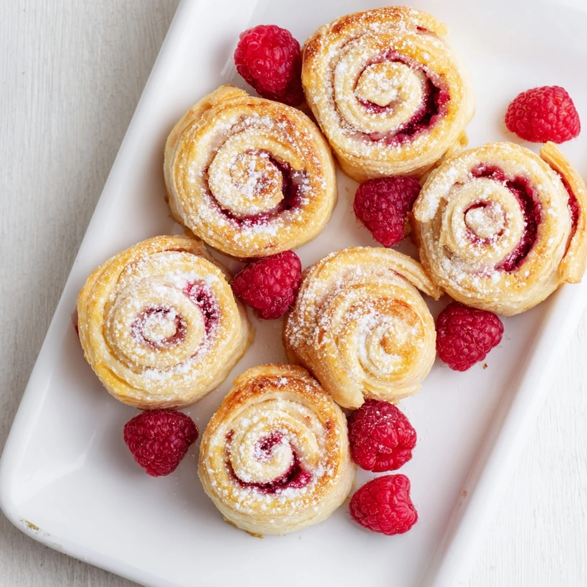 Freshly baked raspberry puff pastry rolls recipe dusted with powdered sugar on a white plate