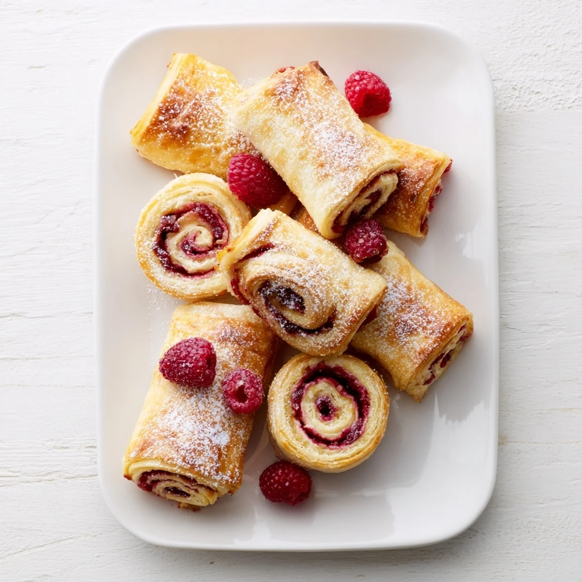 Close-up of raspberry puff pastry rolls recipe showing golden spirals and red raspberry preserves peeking through
