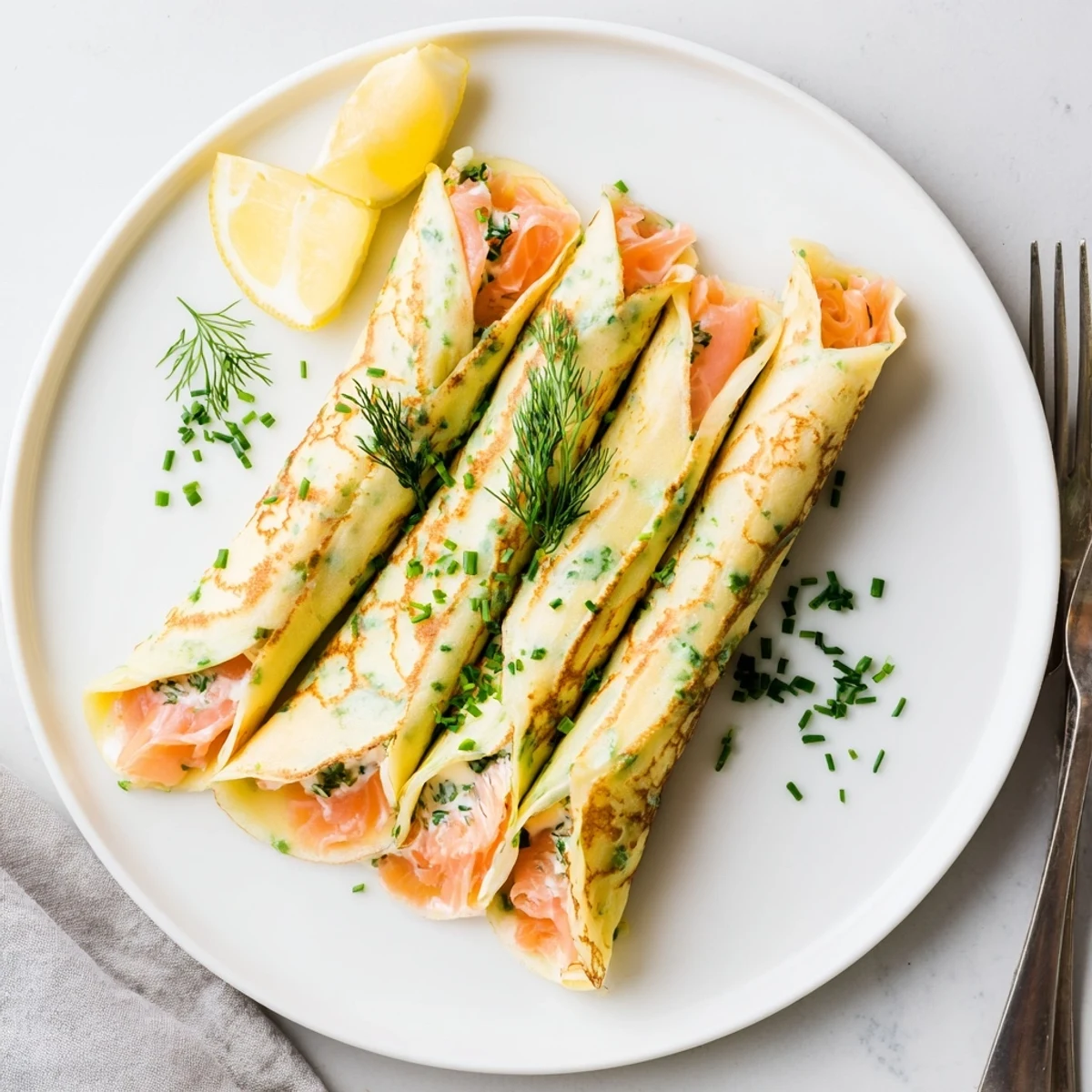 Golden rolled crepes filled with creamy herbed cheese and delicate smoked salmon slices
