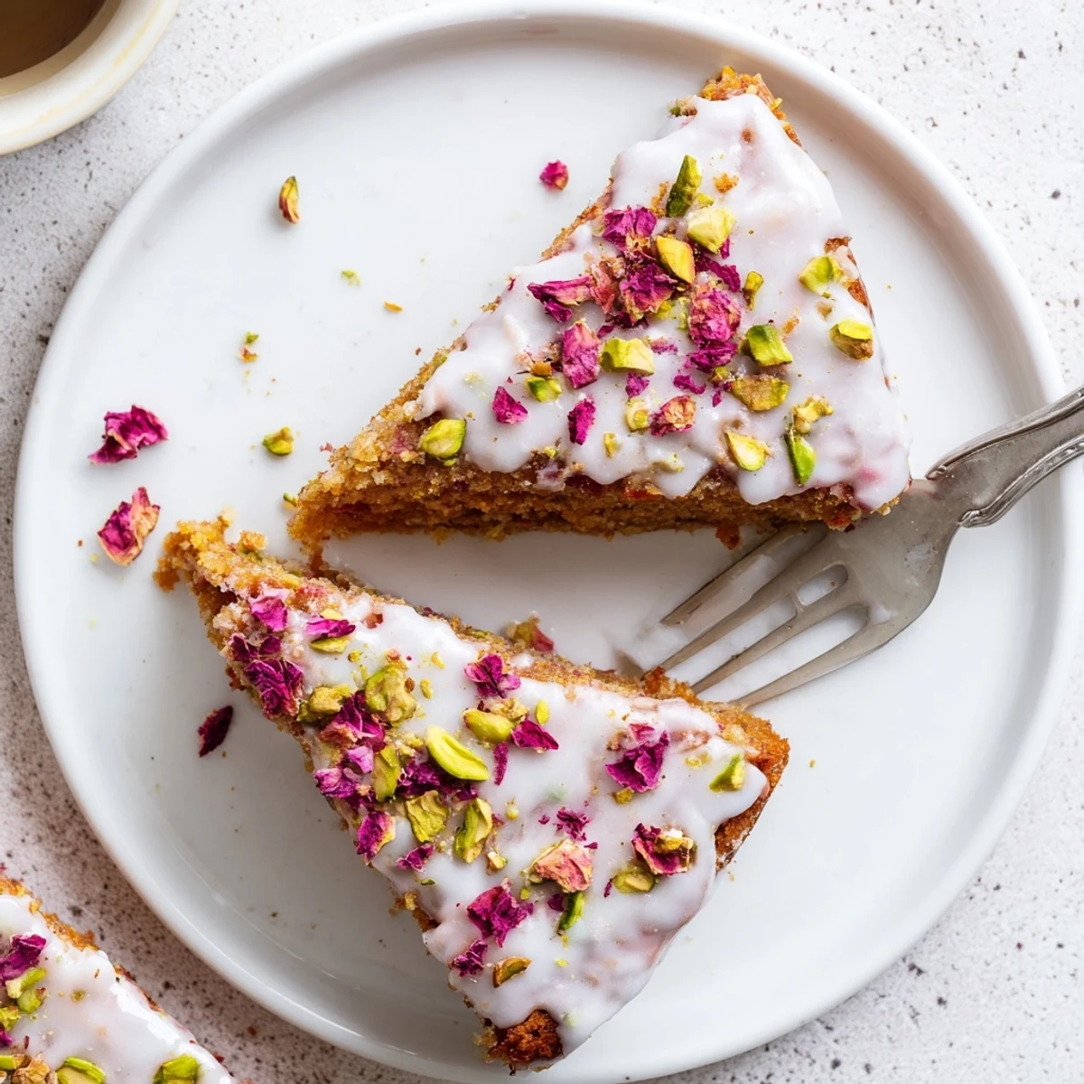 Golden Persian Love Cake with aromatic cardamom, rosewater icing, and crushed pistachios on top
