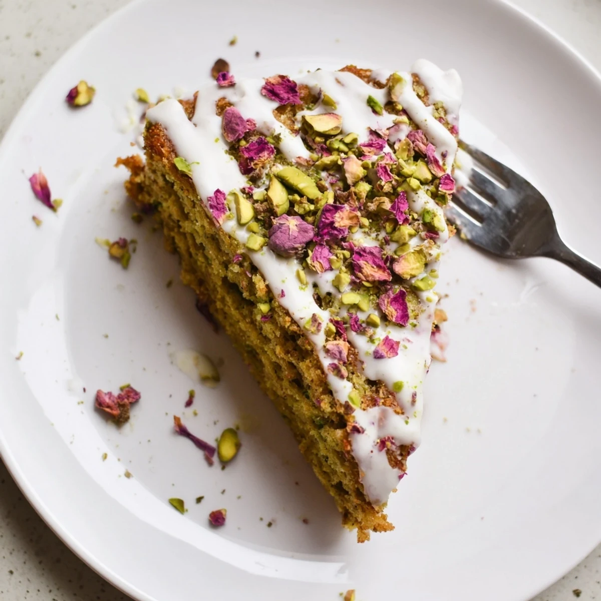 Moist almond Persian Love Cake drizzled with white rosewater glaze and green pistachio sprinkles