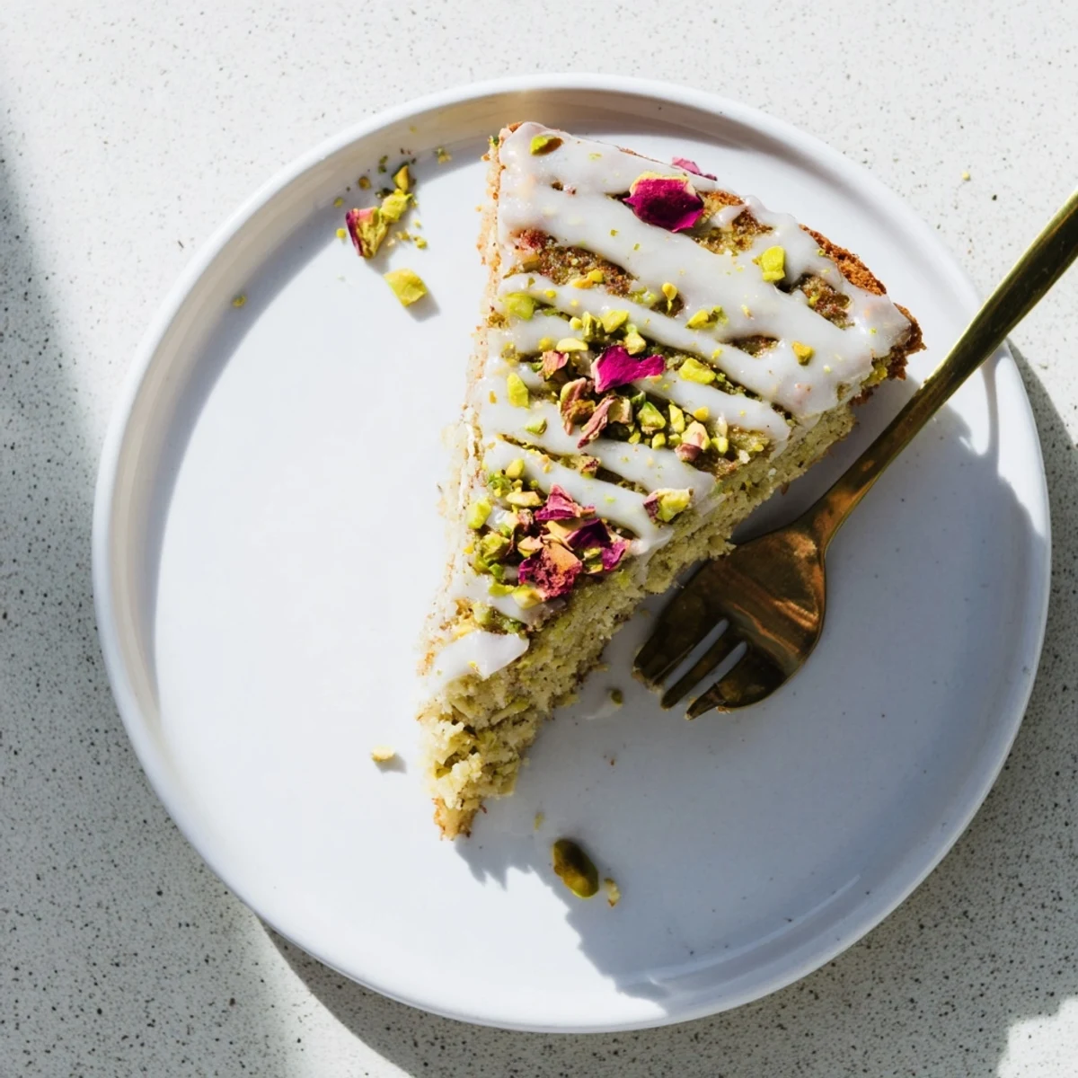 Fragrant cardamom Persian Love Cake slice showing tender crumb with rosewater frosting and nutty garnish