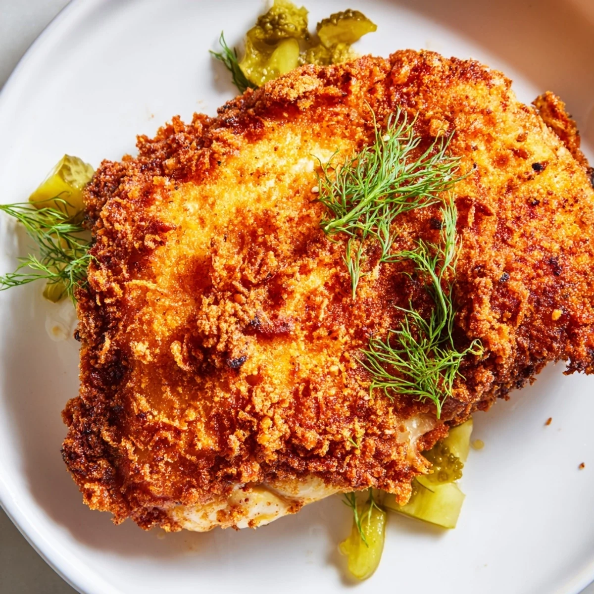 Golden brown crispy dill pickle chicken resting on a wire rack after frying