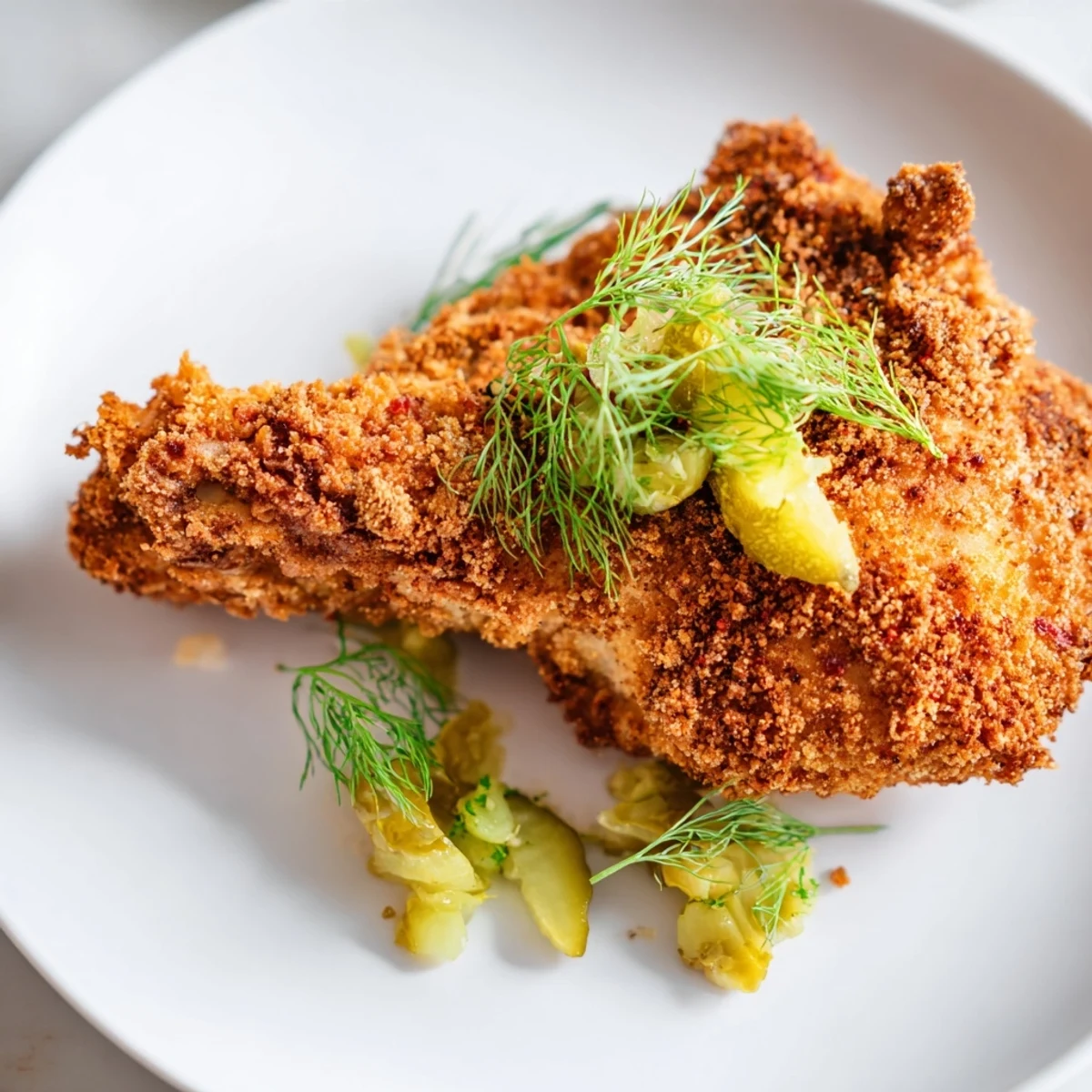 Juicy fried chicken with crunchy panko crust served alongside fresh dill pickle spears