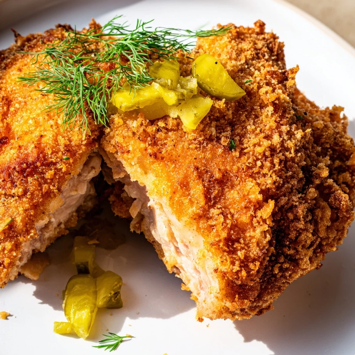 Tangy pickle brine chicken coated in seasoned breadcrumbs and fried to golden perfection