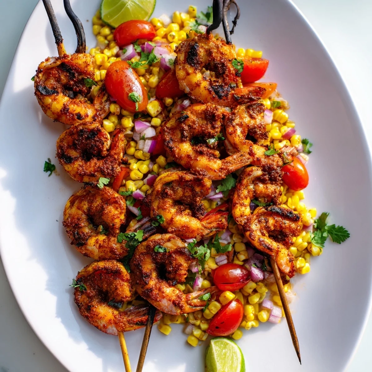 Golden grilled smoky charred shrimp with corn salsa served on a white plate