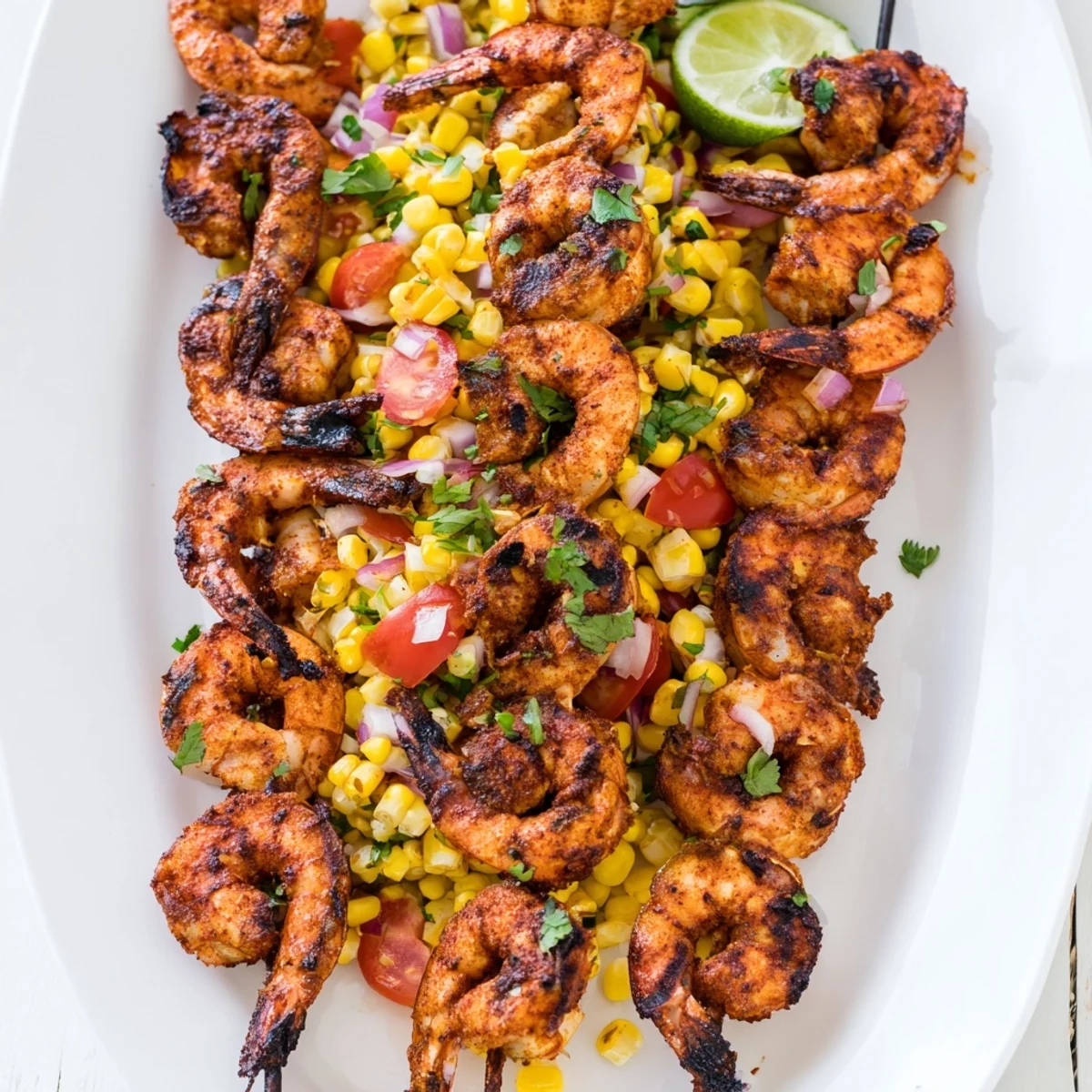 Charred smoky shrimp plated over colorful crunchy corn salsa garnished with lime wedges