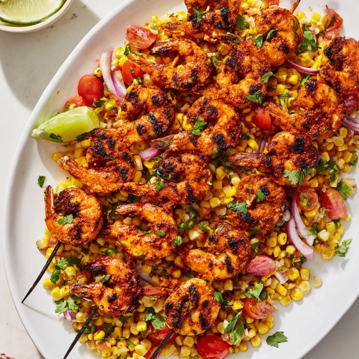 Plump spicy shrimp skewers resting atop vibrant fresh corn salsa with cherry tomatoes