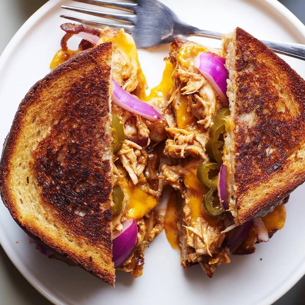 Savory BBQ chicken grilled cheese oozing with cheese and sliced red onion