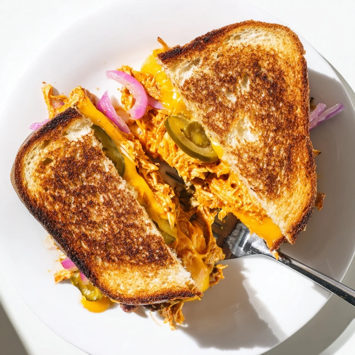 Crispy sourdough BBQ chicken grilled cheese sandwich cut diagonally on a white plate