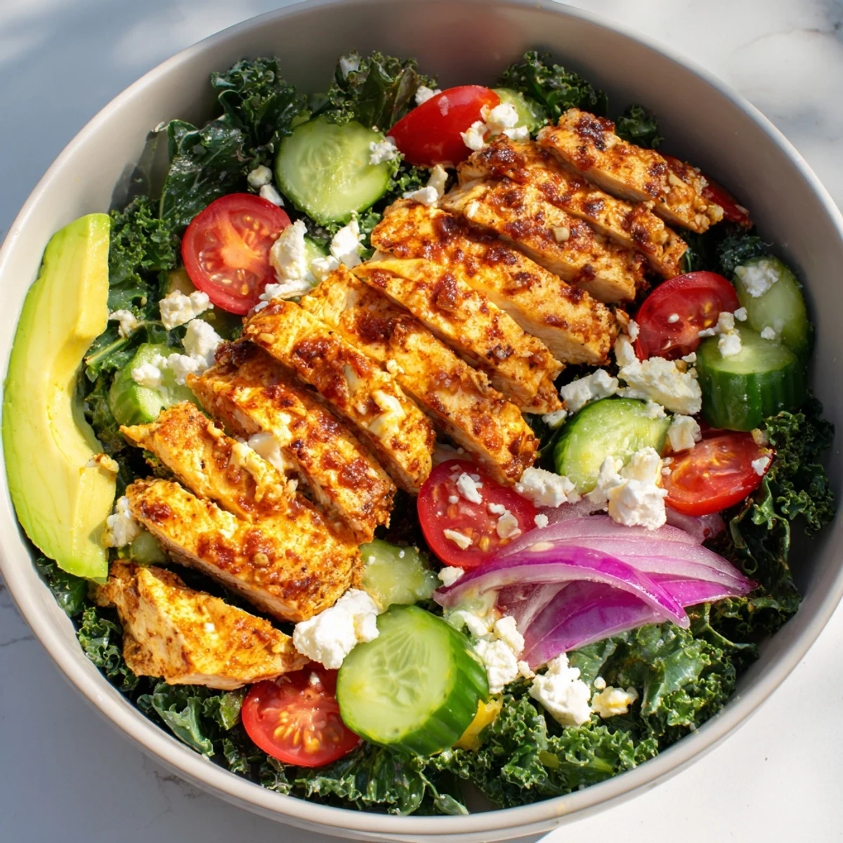 Fresh marinated kale and chicken bowl topped with creamy avocado, crumbled feta, and zesty yogurt dressing