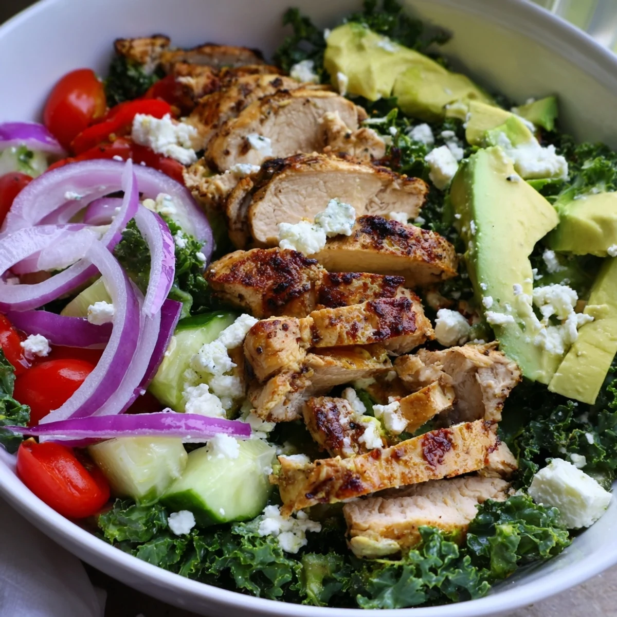 Golden marinated chicken sliced over massaged kale with colorful tomatoes and cucumber in a marinated kale and chicken bowl