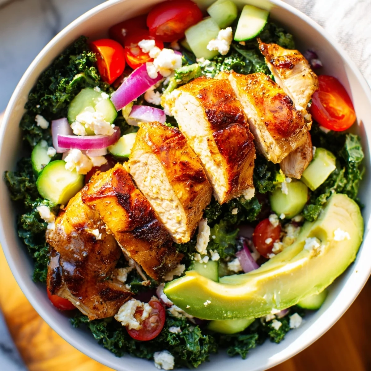 Healthy marinated kale and chicken bowl featuring juicy grilled chicken breast, crisp vegetables, and bright greens