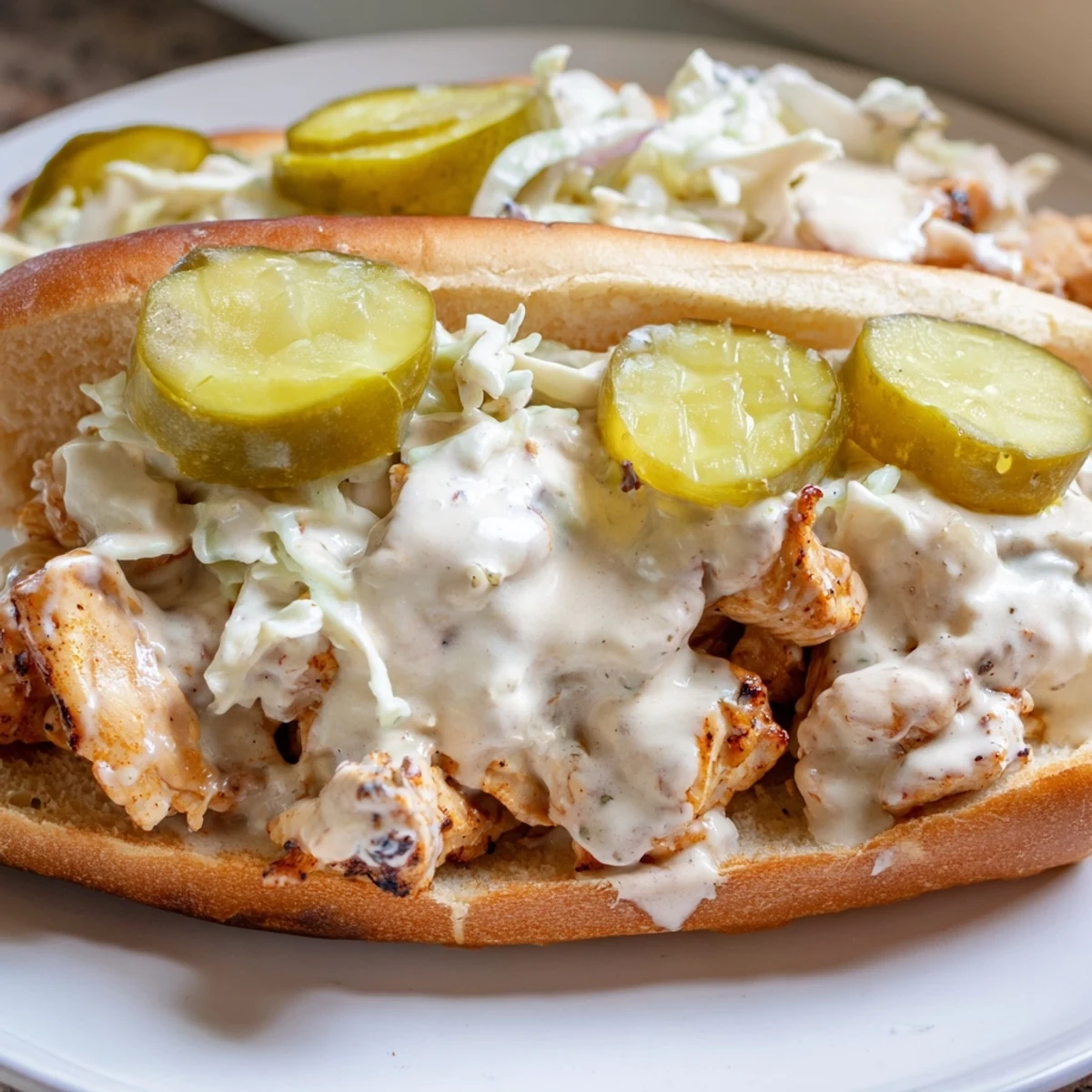 Alabama BBQ Chicken Chopped Sandwich featuring smoky saucy chicken topped with colorful coleslaw and tangy pickle slices