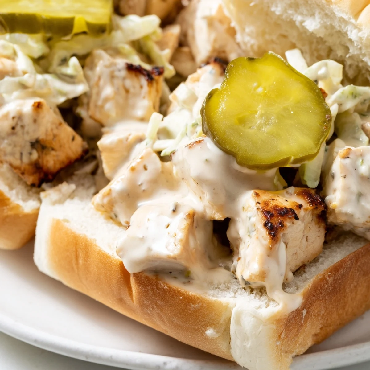 Golden grilled chicken piled high on a toasted bun with creamy Alabama white BBQ sauce and crisp coleslaw