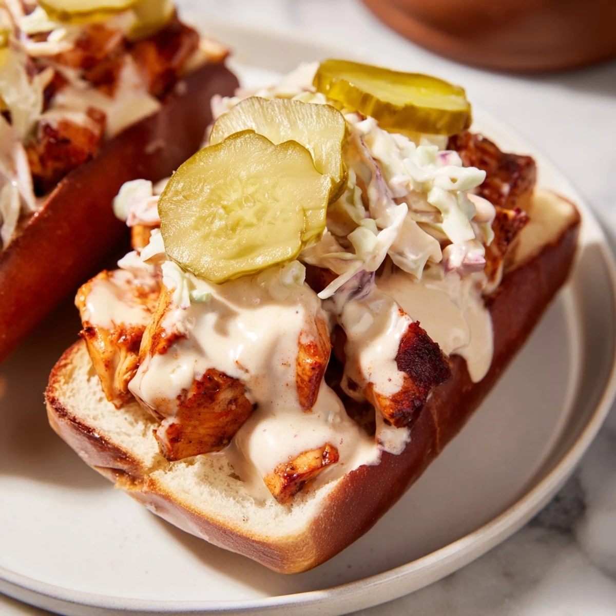 Heaping Alabama BBQ Chicken Chopped Sandwich on a soft bun drizzled with tangy white sauce and crunchy slaw