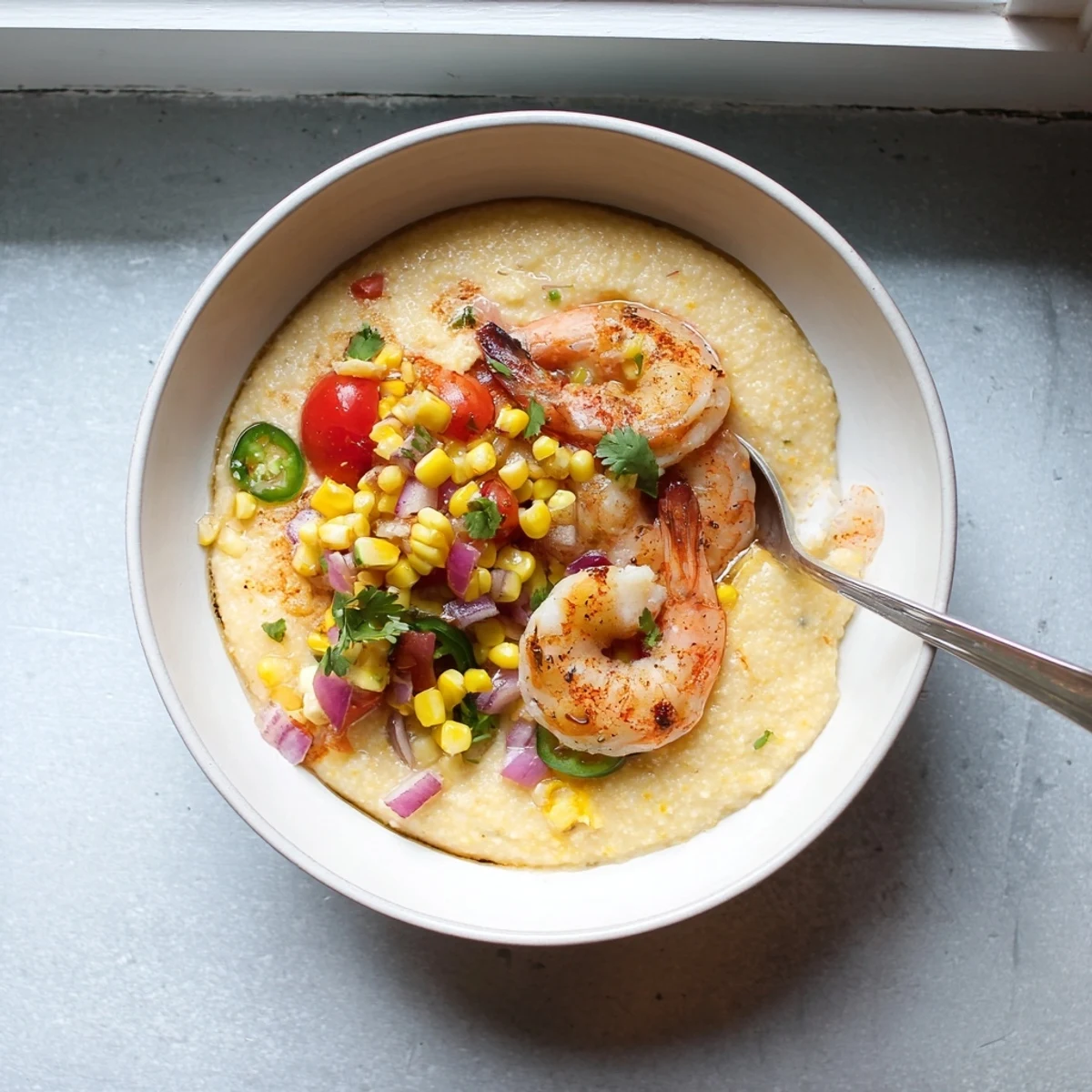 Creamy shrimp grits topped with zesty corn salsa in a white ceramic bowl