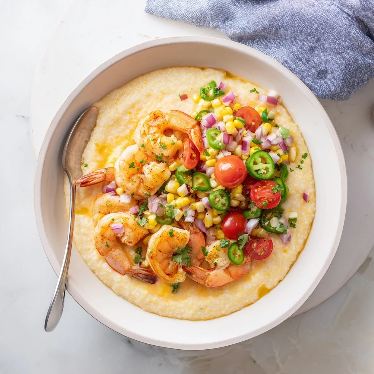Sautéed shrimp resting on cheesy stone-ground grits garnished with fresh corn and tomato salsa
