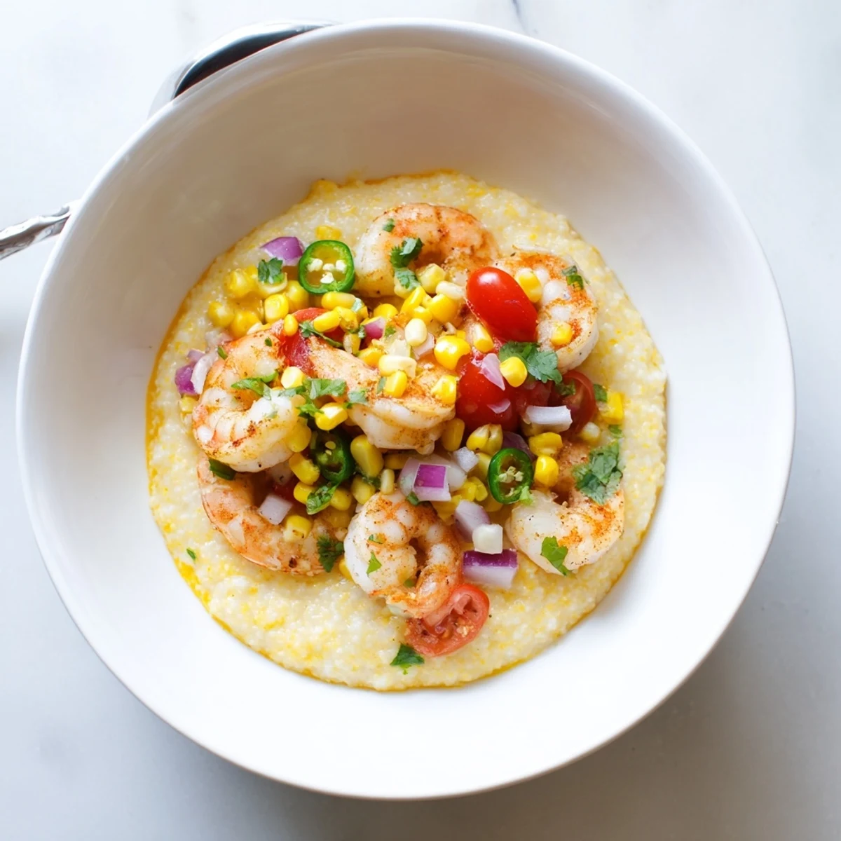 Close-up of Southern shrimp grits bowl featuring plump shrimp and colorful corn salsa topping