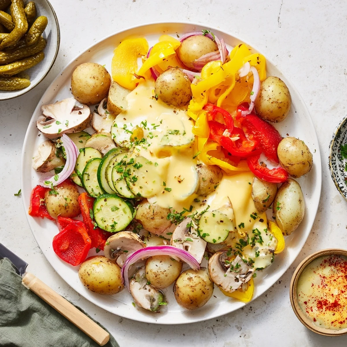 Golden melted raclette cheese bubbling over warm boiled potatoes on a wooden platter