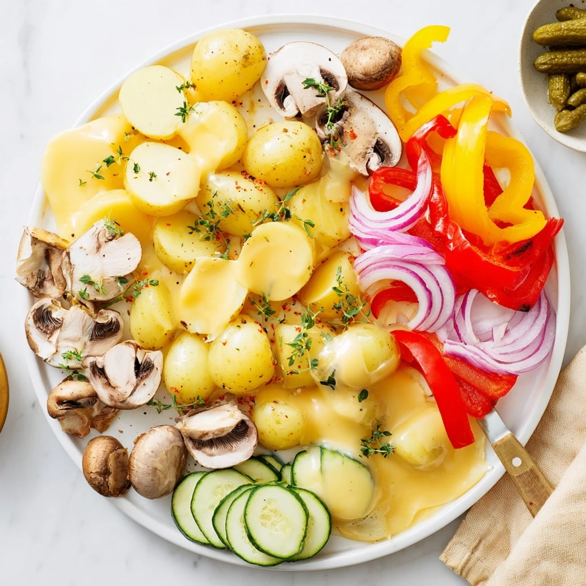 Festive raclette dinner spread with grilled vegetables, pickles, and charcuterie arranged for sharing
