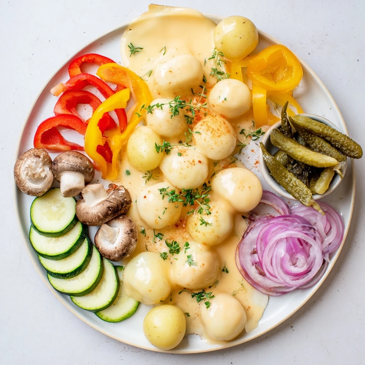 Creamy raclette cheese being scraped onto potatoes alongside colorful bell peppers and mushrooms